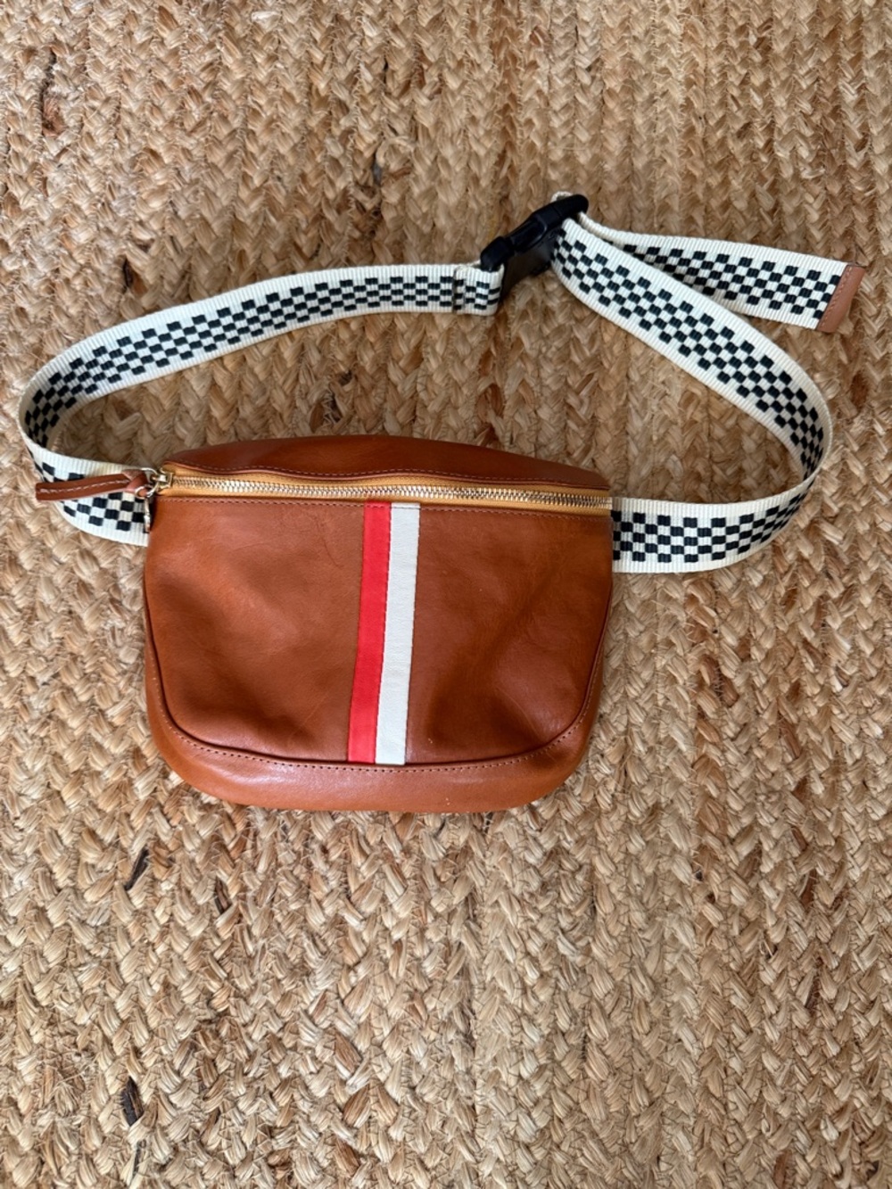 Clare V Belt Bag with Red-White Stripe and checkered strap